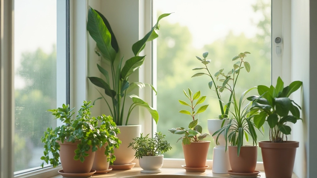 室内の角に配置された複数の観葉植物、異なる高さの鉢、自然光が葉を照らしている