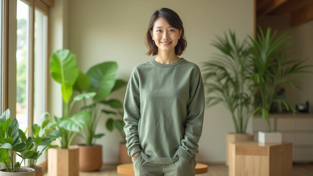 リビングスペース、大きな観葉植物、自然素材の家具、天井高い空間、明るく広々とした環境