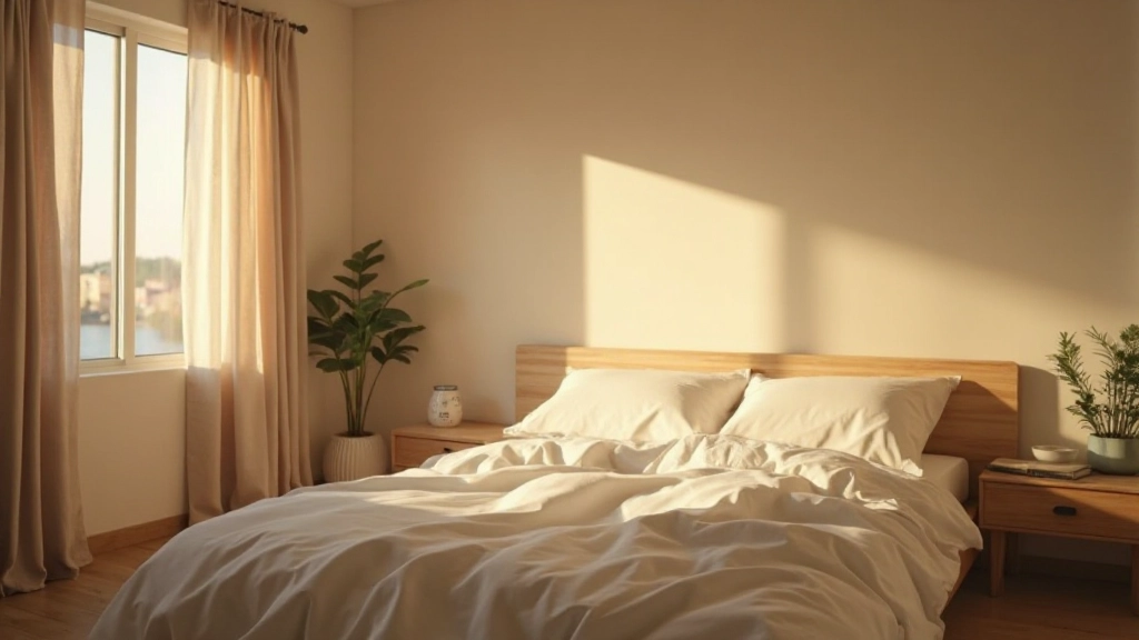 夕方の室内、暖かい照明が木製家具を照らし、観葉植物の影が壁に映る