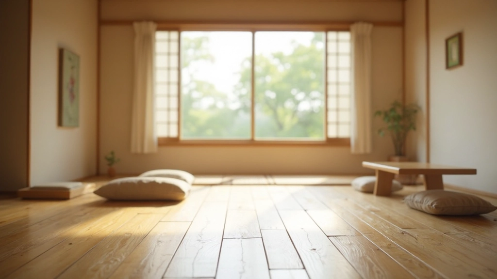 和室の落ち着いた雰囲気、木製の床、大きな窓からの自然光、シンプルな家具配置