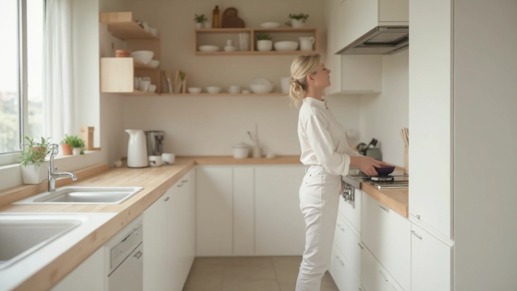 白とナチュラルウッドで統一されたシンプルなキッチン、機能的な配置、清潔感