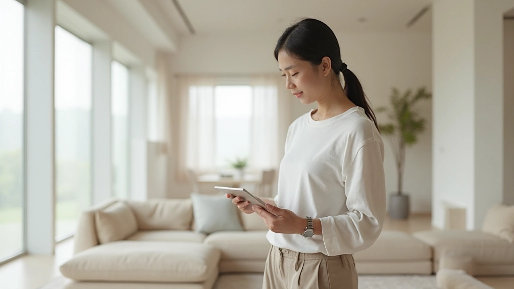 白とベージュで統一されたリビングルーム、シンプルな家具配置、大きな窓からの採光