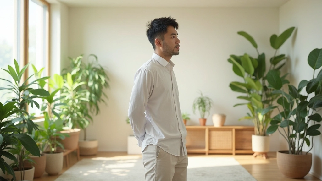 観葉植物が配置された明るいスタジオ空間、自然光が差し込み、落ち着いた雰囲気