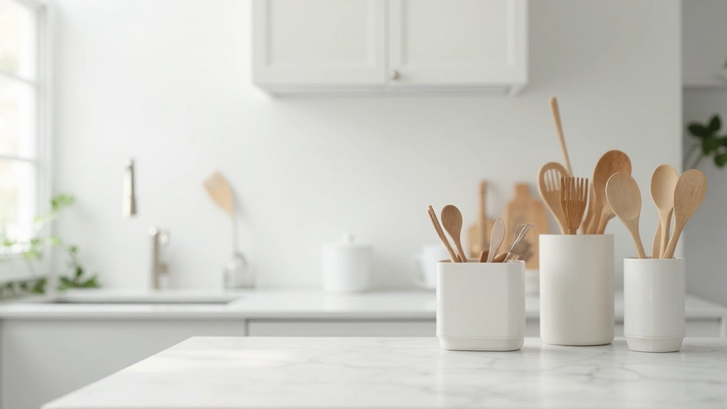 白いキッチンカウンター、整理された調理器具、ミニマルなデザイン、清潔で落ち着いた雰囲気
