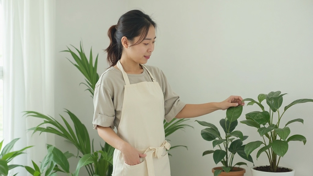 白いリネンのカーテンが風に揺れる部屋、観葉植物の緑が優しくアクセント、光が優しく入る